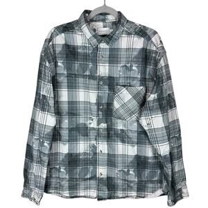Topman Shirt Men's Large Gray White Plaid Bleached Cotton Flannel Button-Up